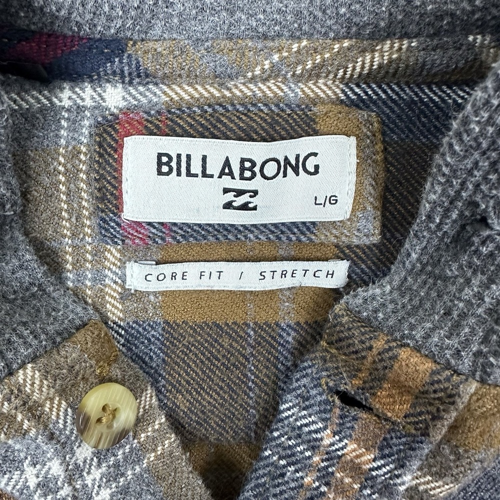 Billabong Baja Flannel Hoodie Shacket L Plaid Core Fit Stretch Brown Blue Red - Picture 3 of 13